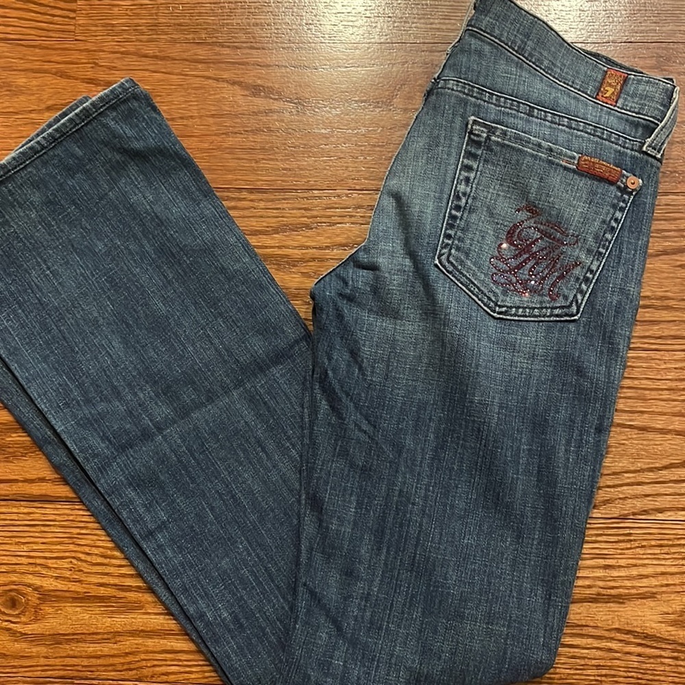 7 FOR ALL MAN KIND women’s BOOTCUT stretch jeans med wash pink beads back sz 26